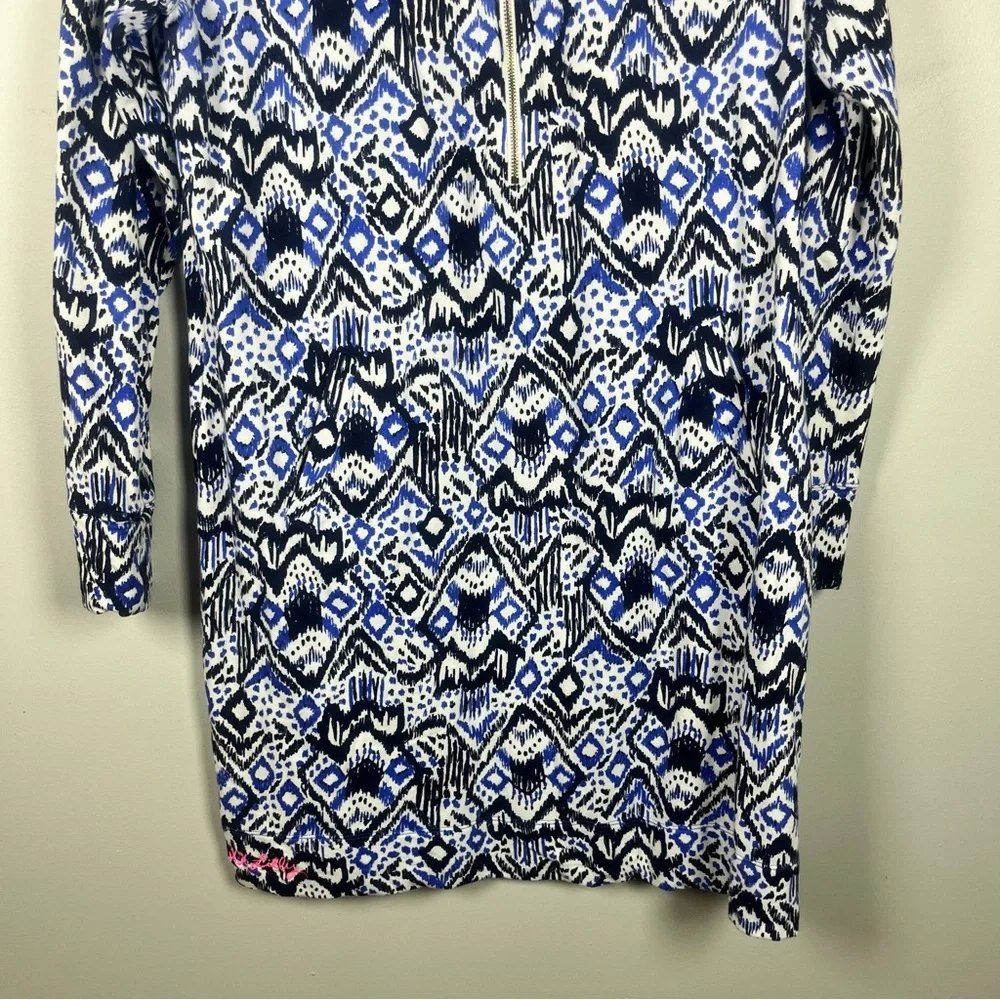 Lilly Pulitzer UPF 50+ Skipper Popover Dress Blue Ikat Oh My Cod Large